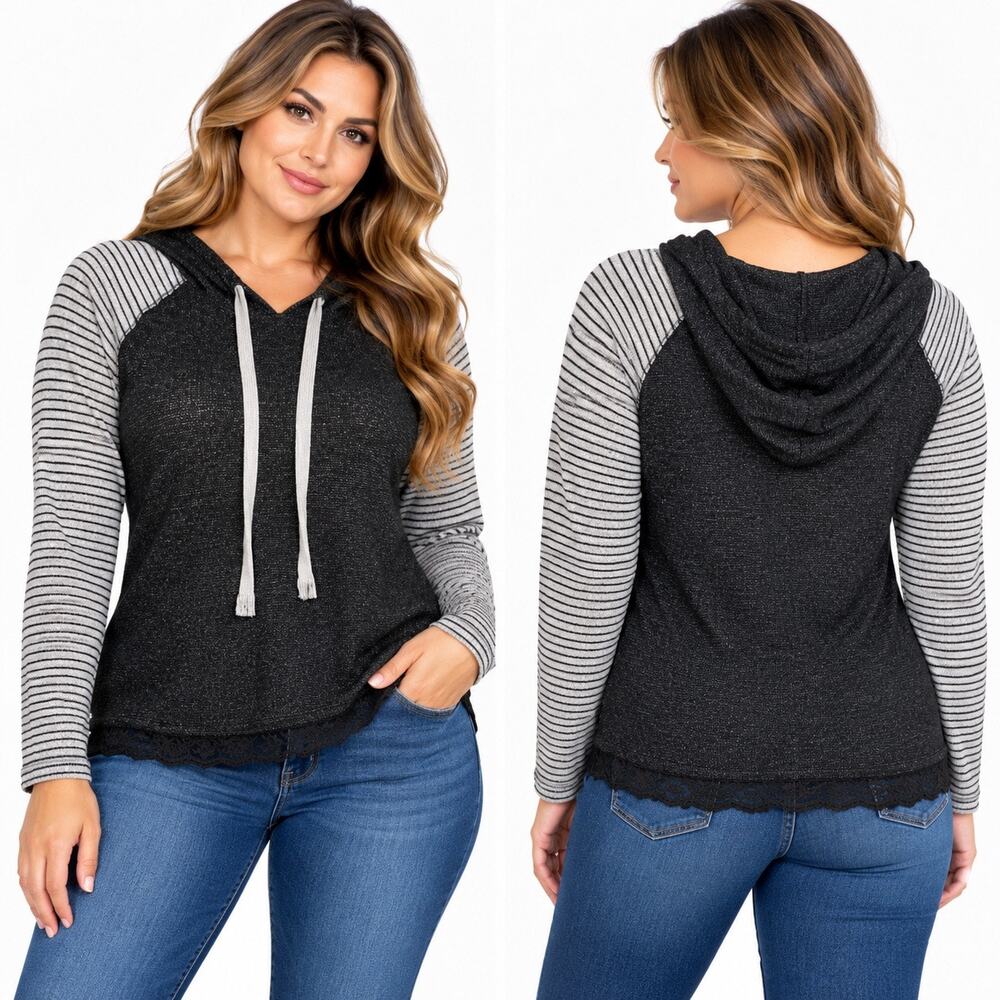 Jolt Womens Hooded Knit Sweater XL Black Gray Stripe Sleeve Pullover Lightweight